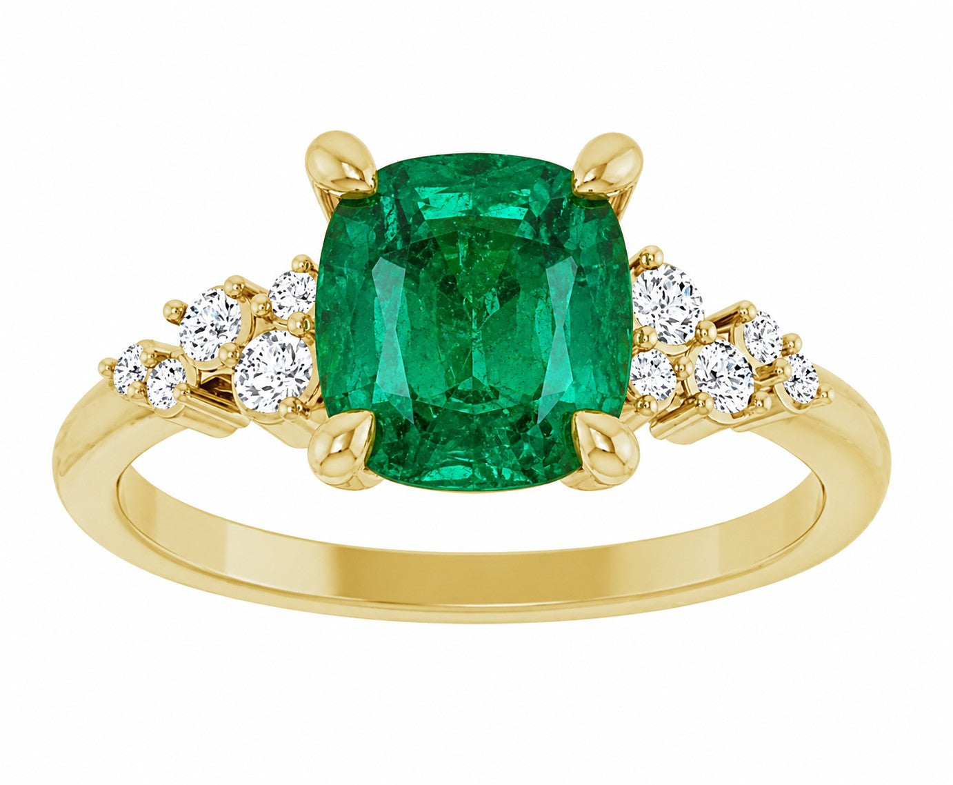 Gold engagement ring with a green cushion cut emerald gemstone and diamond accents on a white background