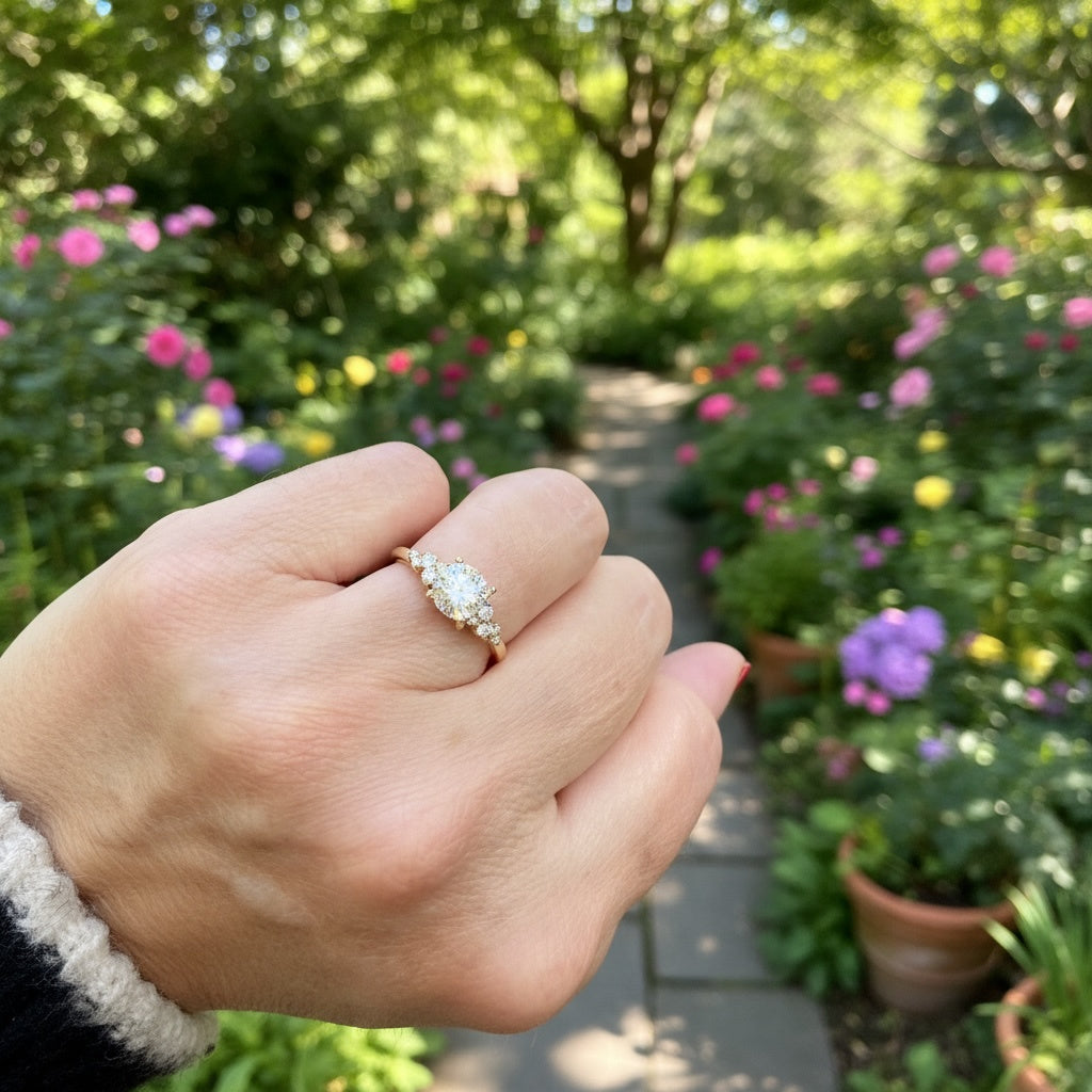 Hand wearing a diamond engagement ring with a garden background