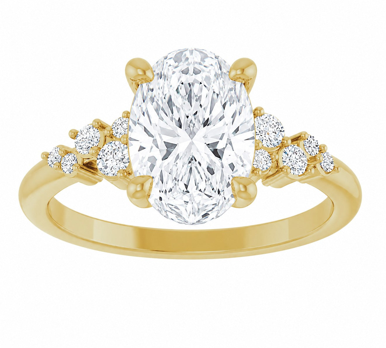 Gold engagement ring with a large oval cut diamond and smaller diamonds on a white background
