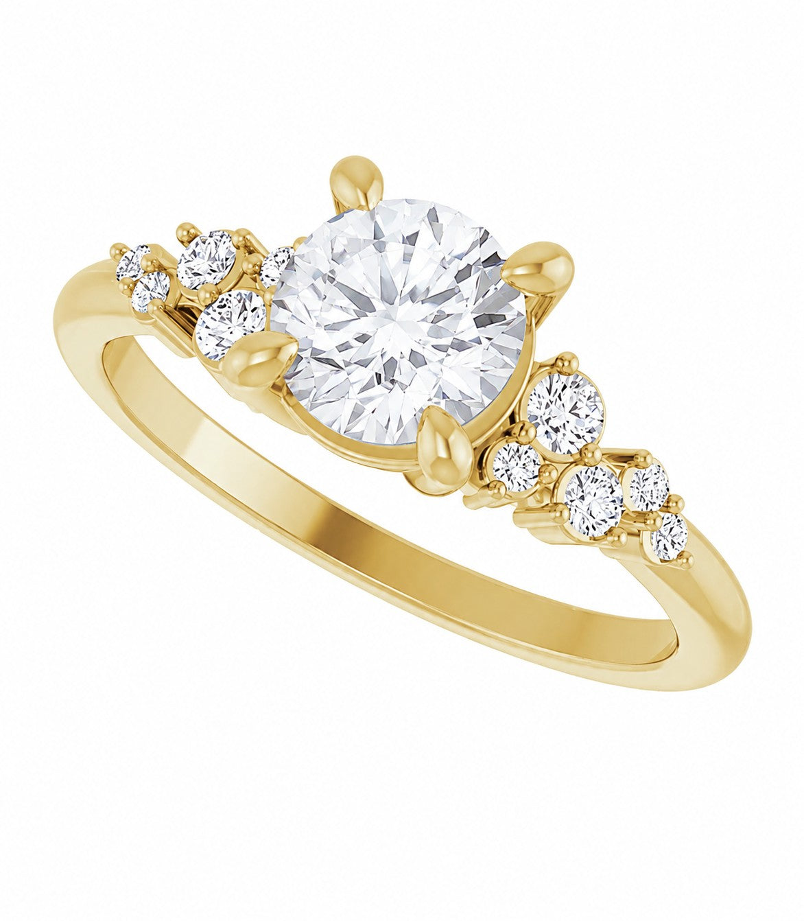 Gold engagement ring with a large round central diamond and smaller diamonds on the sides on a white background