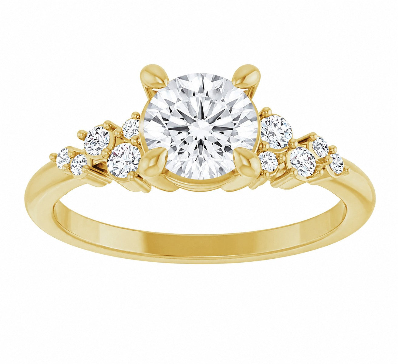 Gold engagement ring with a large round diamond and smaller side diamonds on a white background
