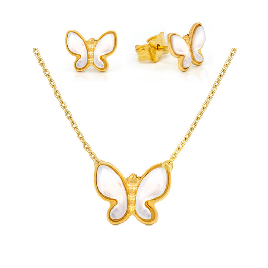 Butterfly necklace and earrings set with gold and white design on a white background