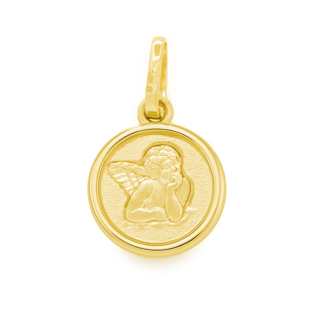 Gold pendant with an angel design on a white background
