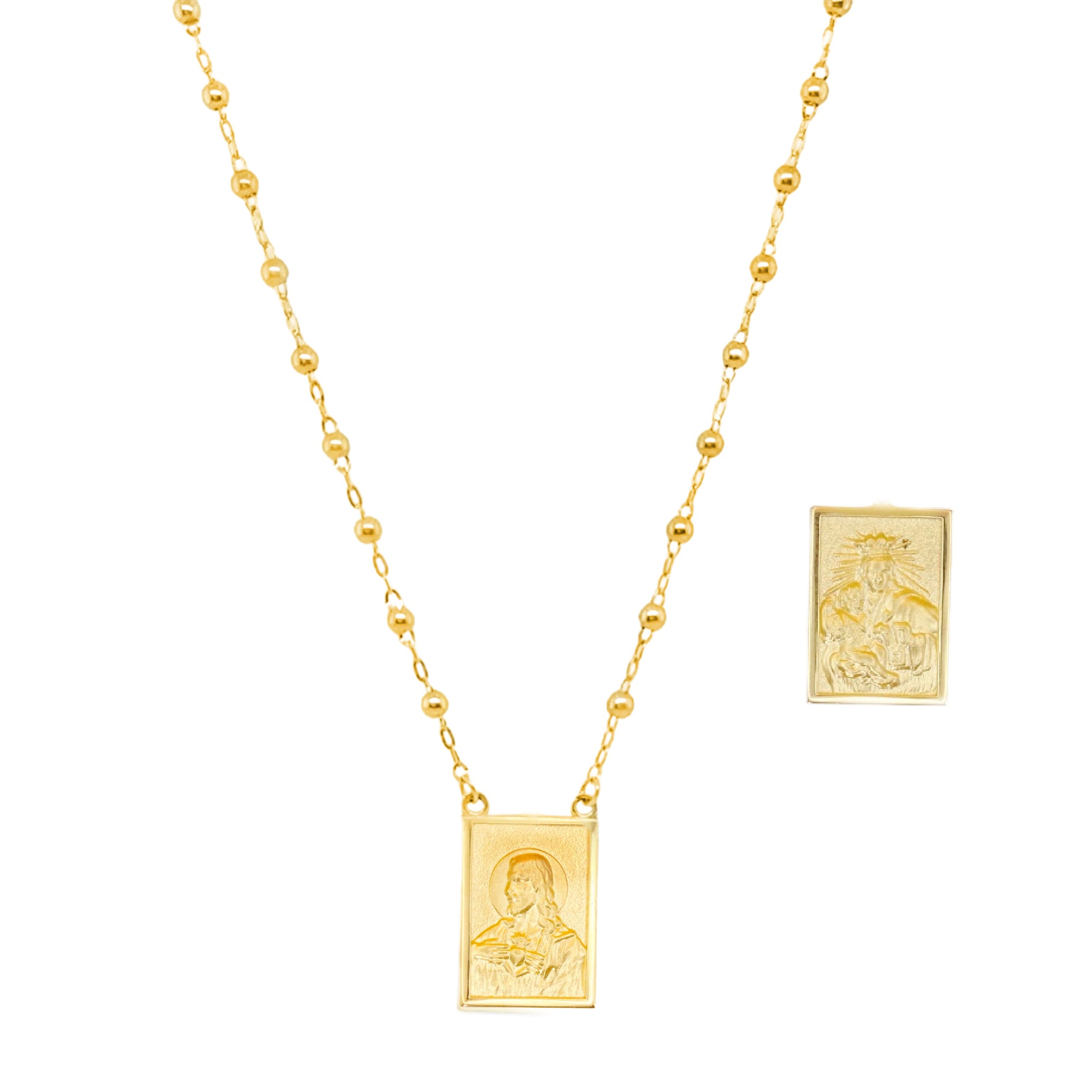 14K Gold Scapular Medal on Rosary Bead Necklace