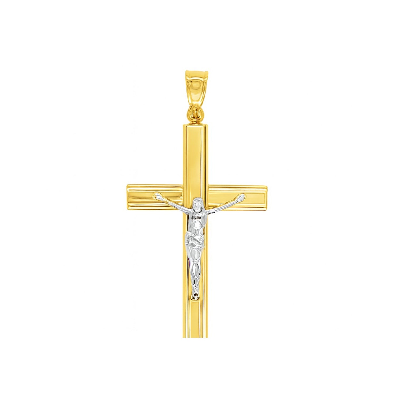 A two-tone gold crucifix cross with Jesus Christ at its center, featuring a 14K gold finish and bezel edges.