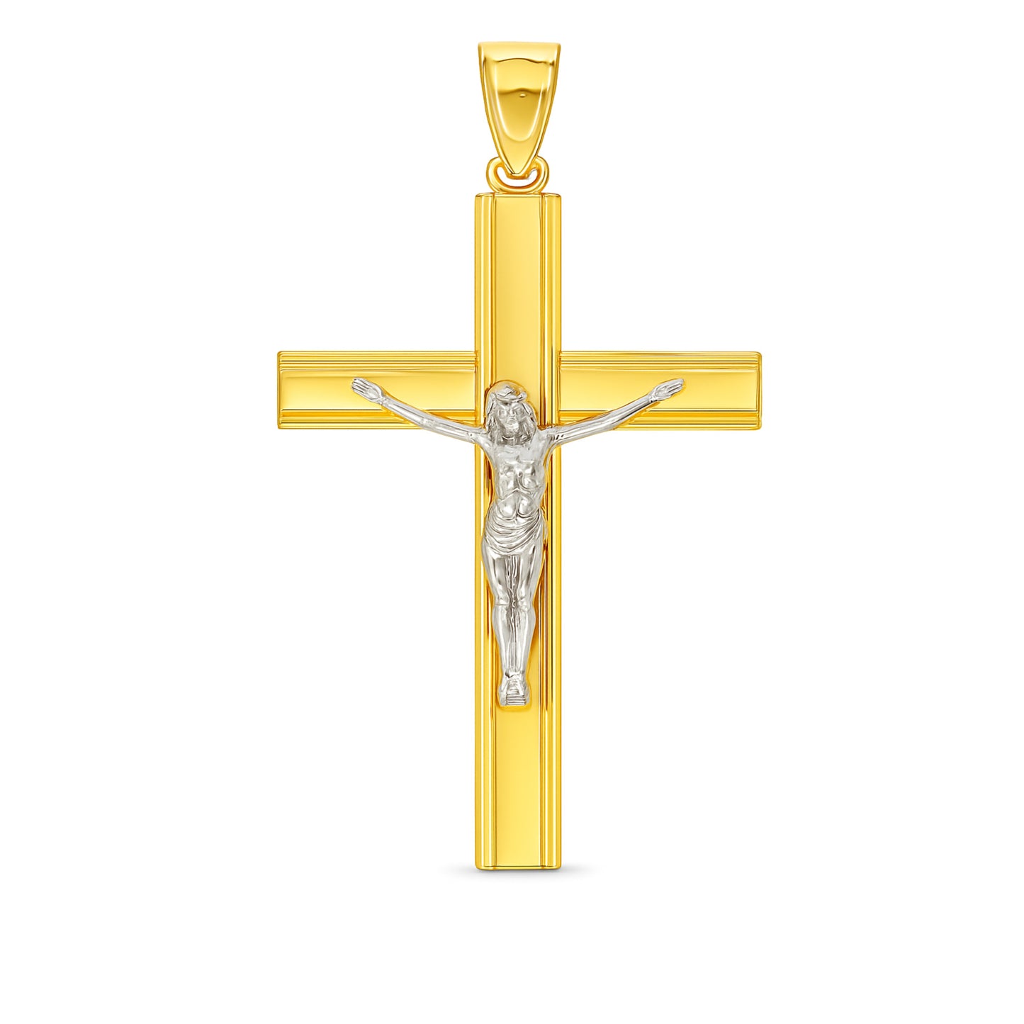 A two-tone gold crucifix cross with Jesus Christ at its center, featuring a 14K gold finish and bezel edges.