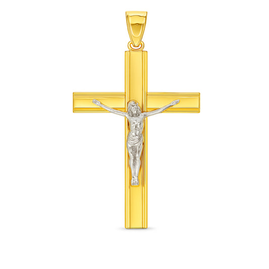 A two-tone gold crucifix cross with Jesus Christ at its center, featuring a 14K gold finish and bezel edges.