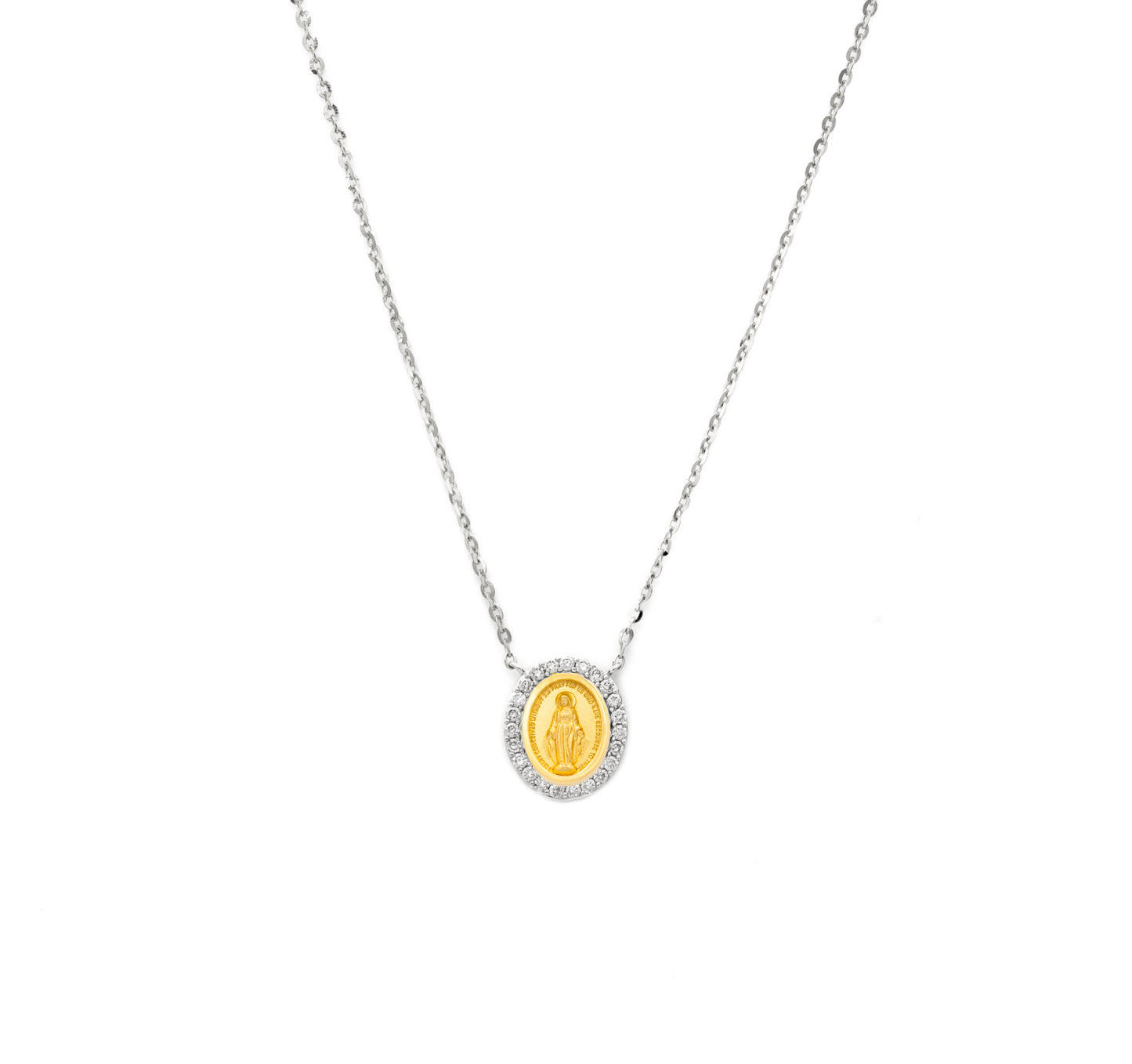 White and Yellow Gold necklace with a diamond Miraculous Medal pendant  on a chain on a white background