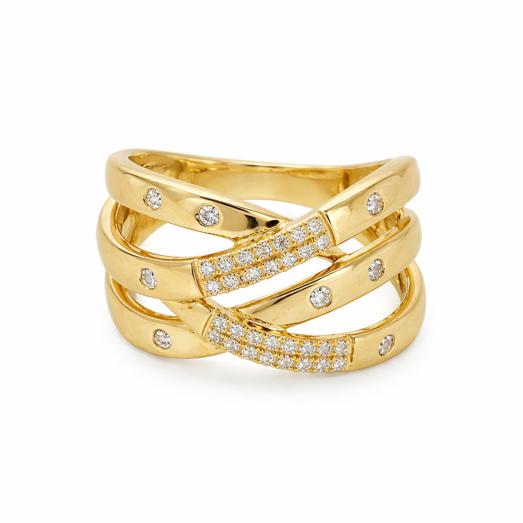 A gold braided diamond ring with multiple bands and embedded with diamonds.