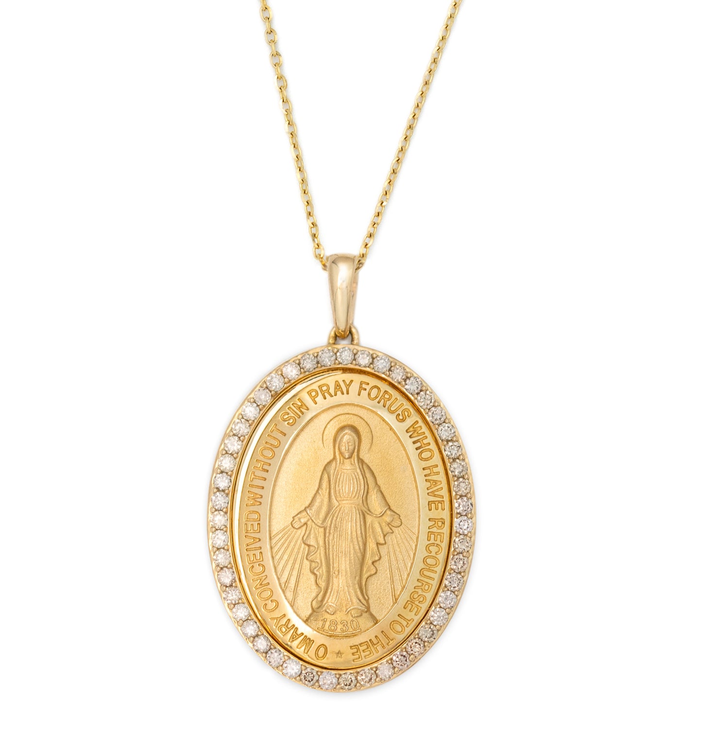 A 14 karat gold necklace featuring a large diamond-embellished Miraculous Medal Center pendant, surrounded by smaller diamonds on a chain