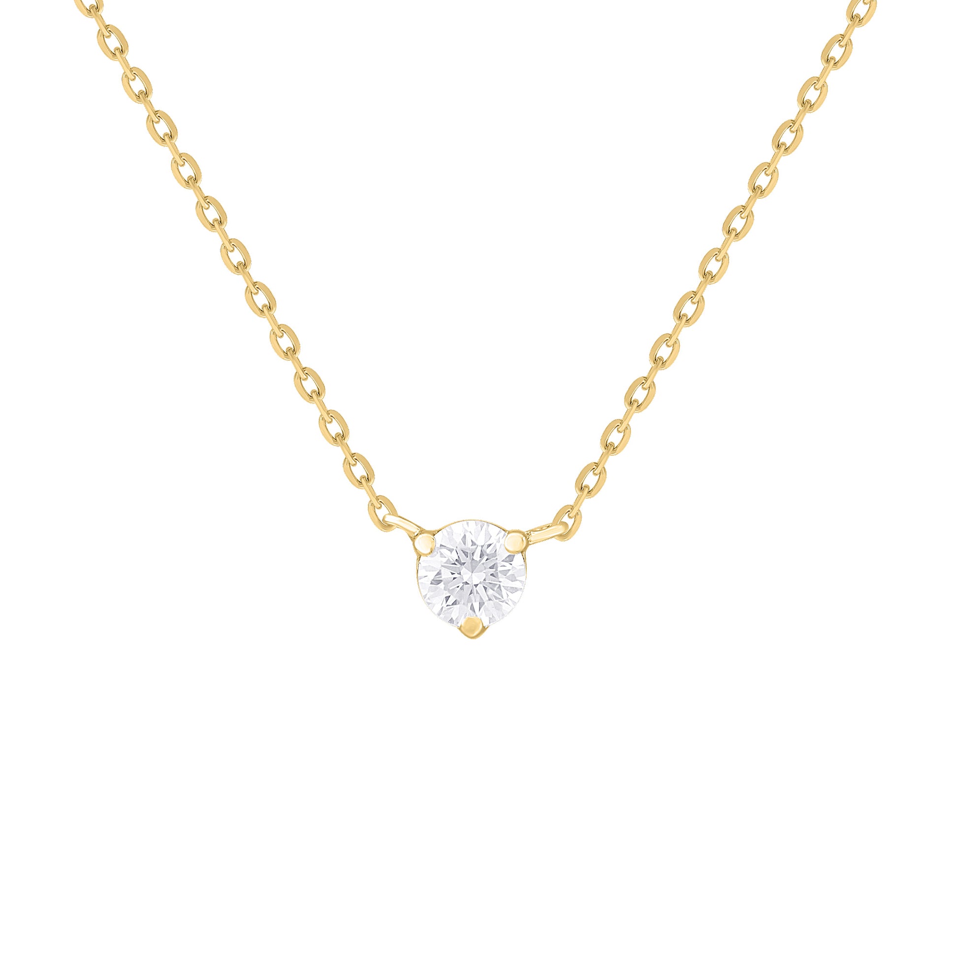 A gold-colored diamond solitaire necklace with a martini setting displayed on a white background.