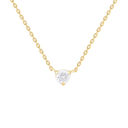 A gold-colored diamond solitaire necklace with a martini setting displayed on a white background.