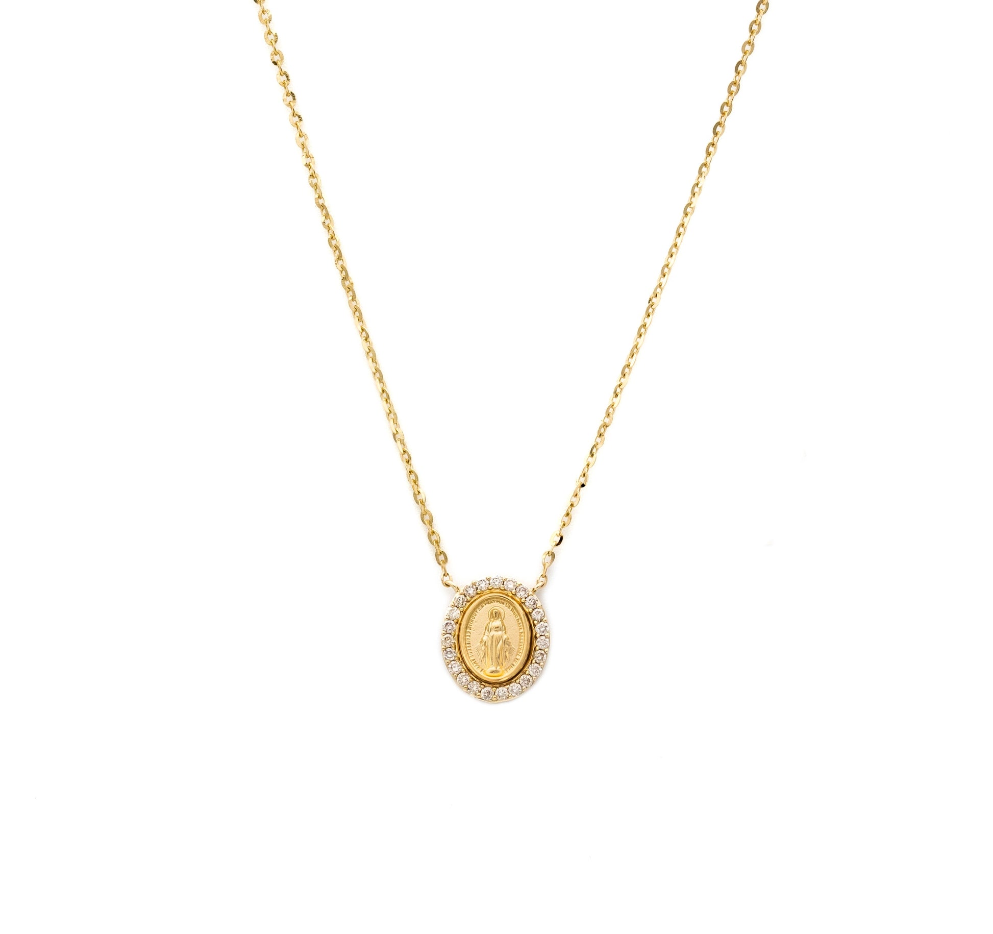 A 14K gold necklace featuring a round Miraculous Medal with a central diamond, surrounded by smaller clear crystals in a cable link chain.