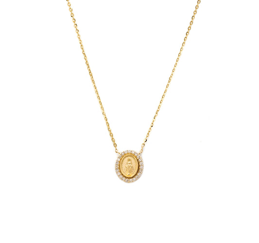 A 14K gold necklace featuring a round Miraculous Medal with a central diamond, surrounded by smaller clear crystals in a cable link chain.