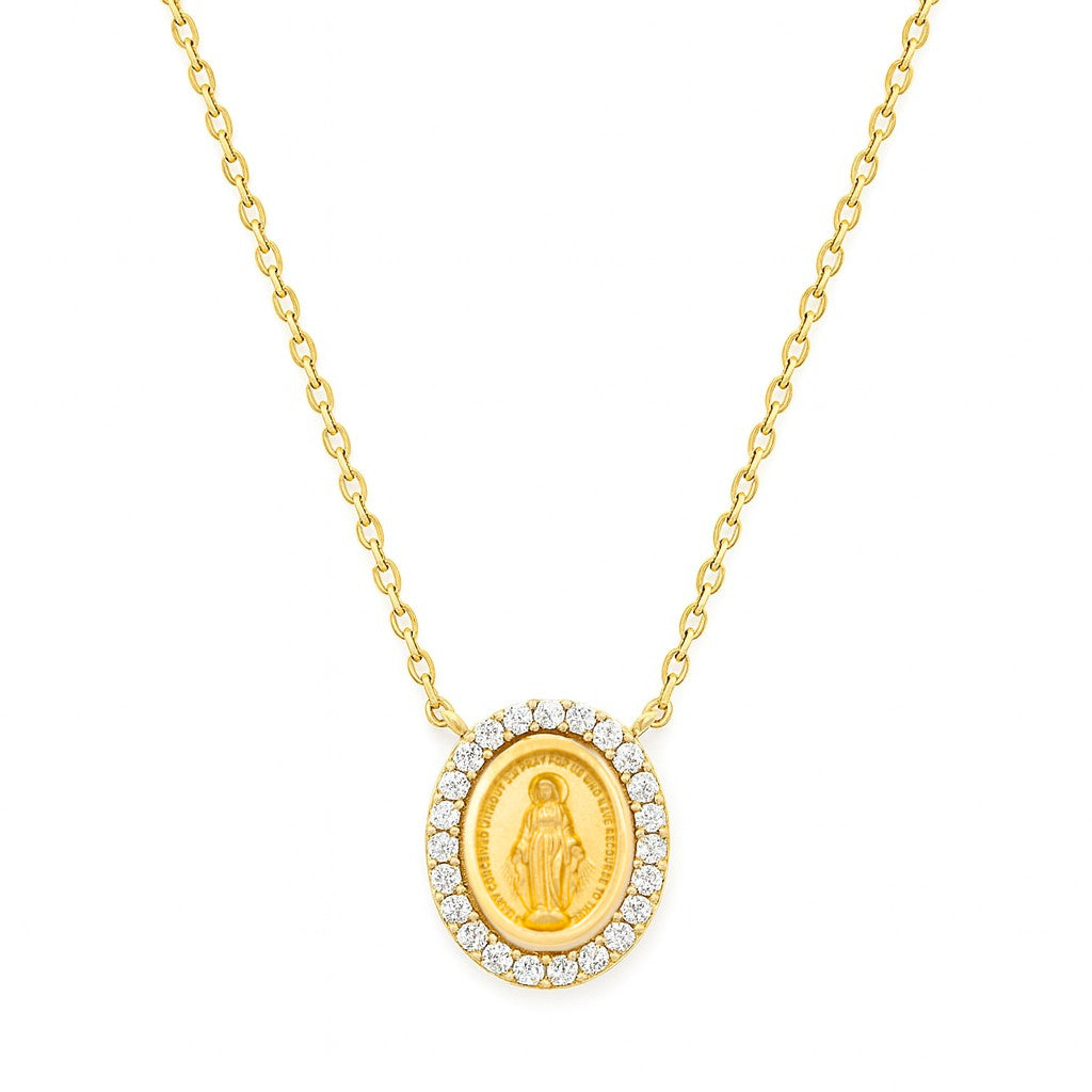 A 14K gold necklace featuring an oval Miraculous Medal with a diamond halo, on a cable chain on a white background