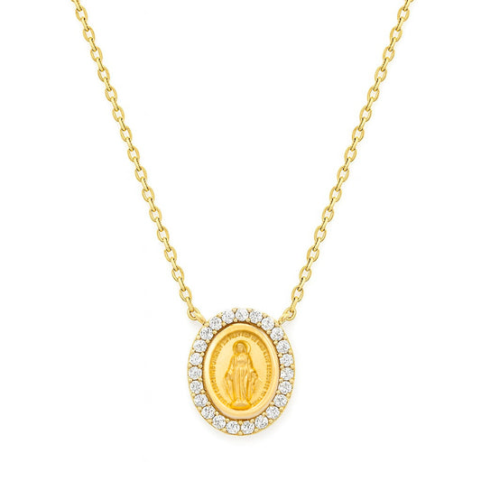 A 14K gold necklace featuring an oval Miraculous Medal with a diamond halo, on a cable chain on a white background