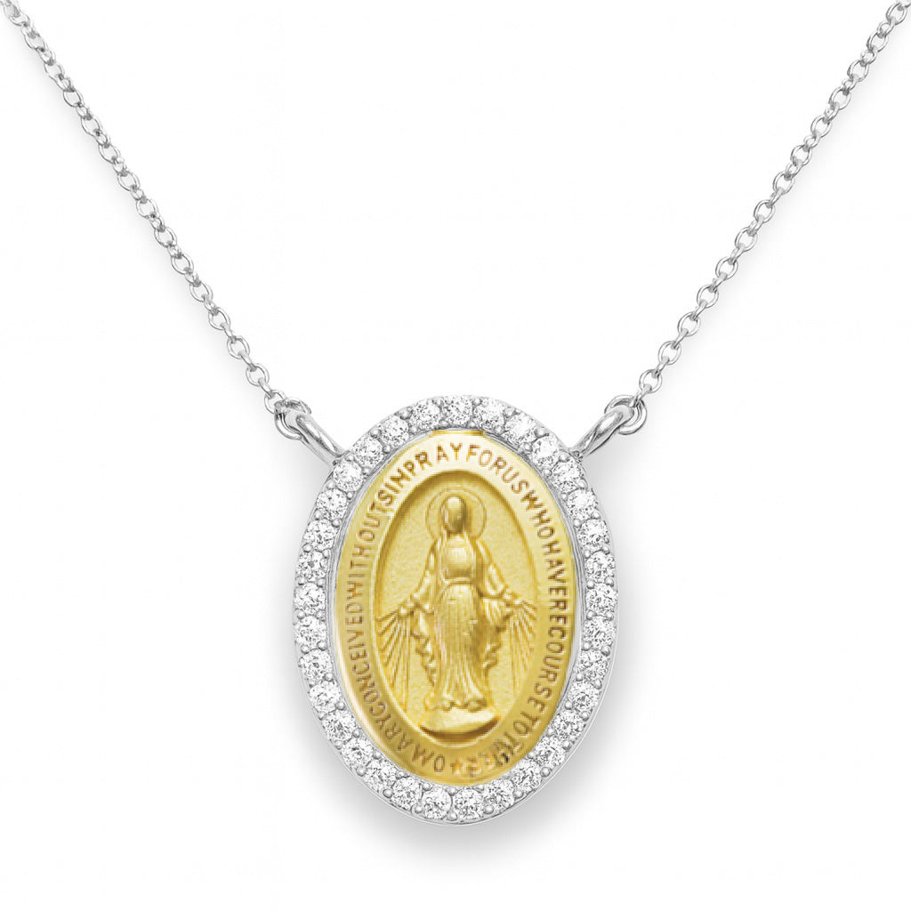 White Gold, two tone, necklace with a religious diamond miraculous pendant on a cable chain in a white background