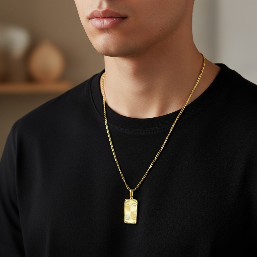 Person wearing a gold necklace with a rectangular fluted sunburst pendant against a neutral background