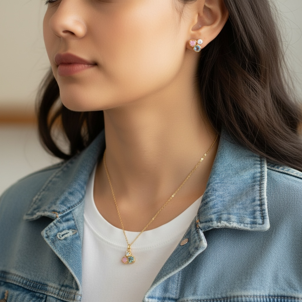 Close-up of a woman wearing a gold necklace and earrings with a blurred background