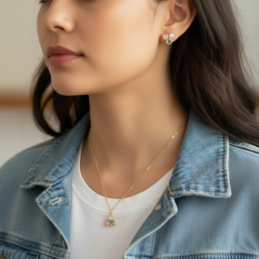 Close-up of a woman wearing a gold necklace and earrings with a blurred background