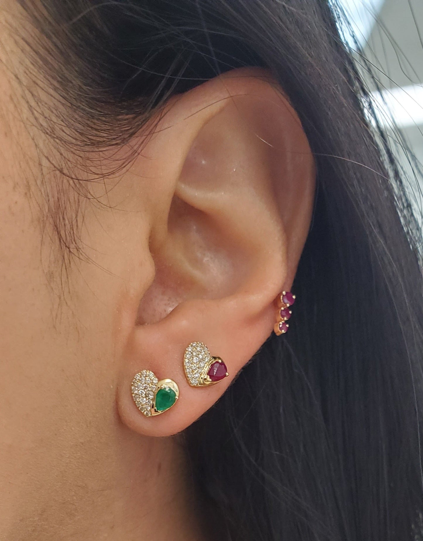 Pear Shape Color Stone Diamond Pave Heart Earrings 14K Gold