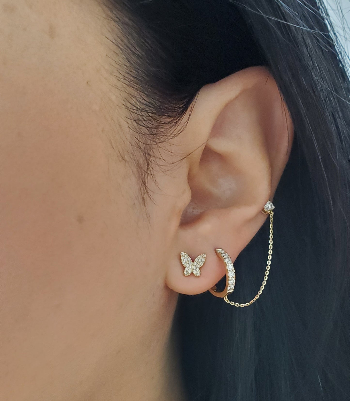 Single Chain Diamond Huggy and Stud Dangle Earring