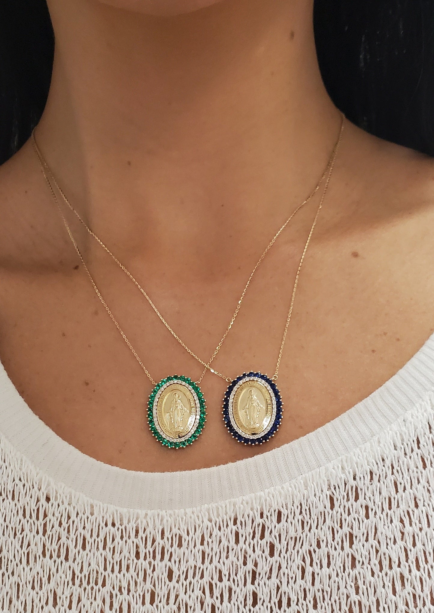 Large Miraculous Medal with Double Halo of Color Stones and Diamonds Necklace