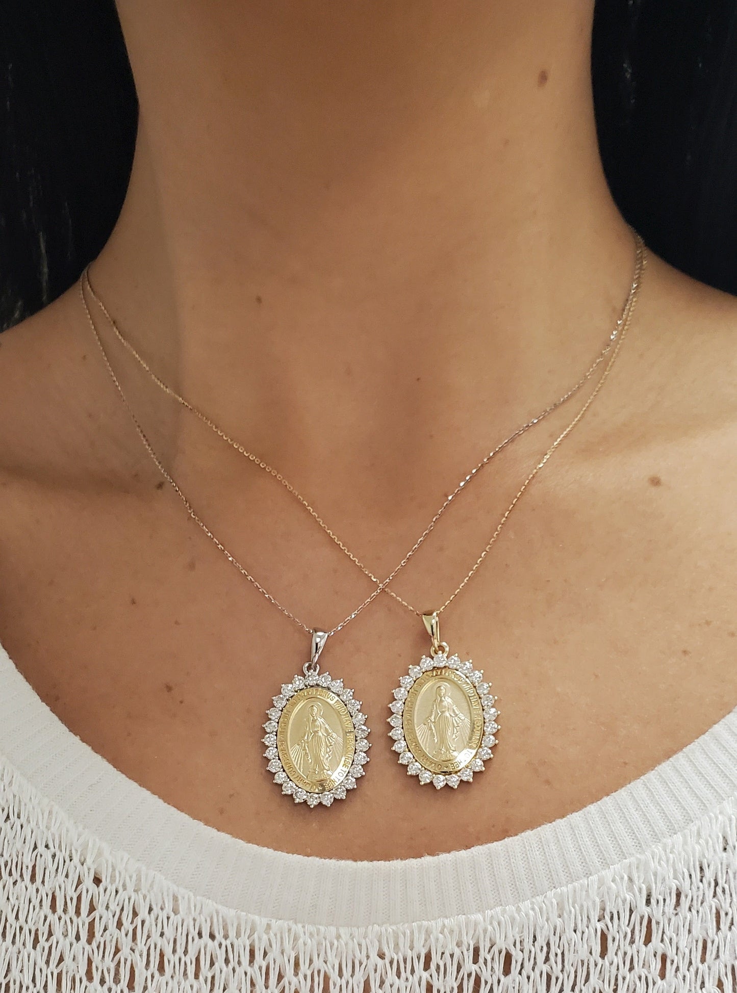Large Diamond Miraculous Medal Necklace 27X21mm