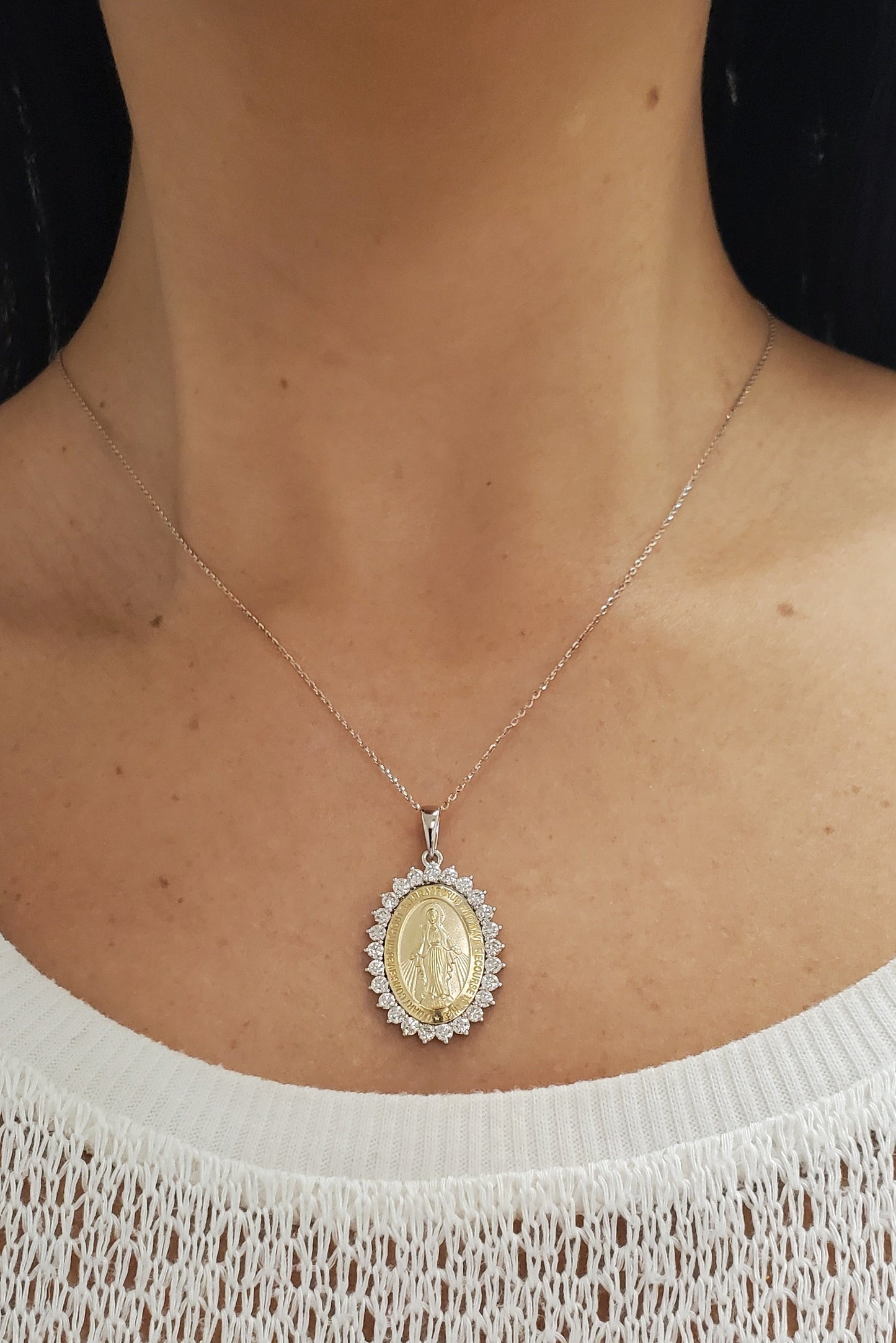 Large Diamond Miraculous Medal Necklace 27X21mm