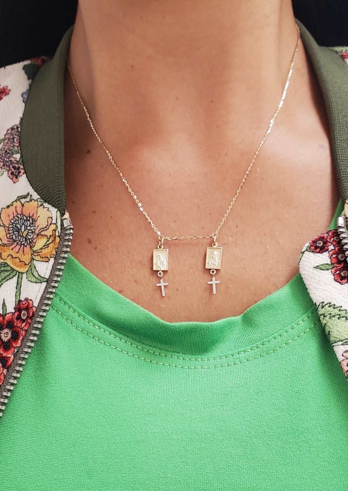14K Yellow Gold Double Scapular Necklace with Diamond Crosses