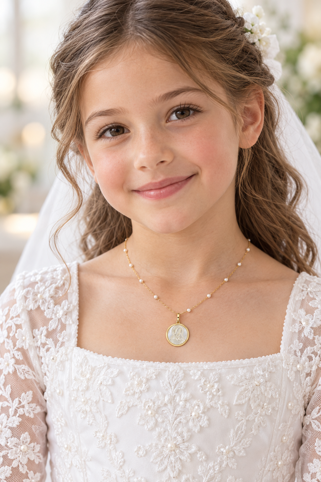 A young girl with brown hair wearing a white lace first communion dress and a delicate gold necklace with a round medallion mother of pearl Sacred Heart of Jesus pendant, smiling softly.