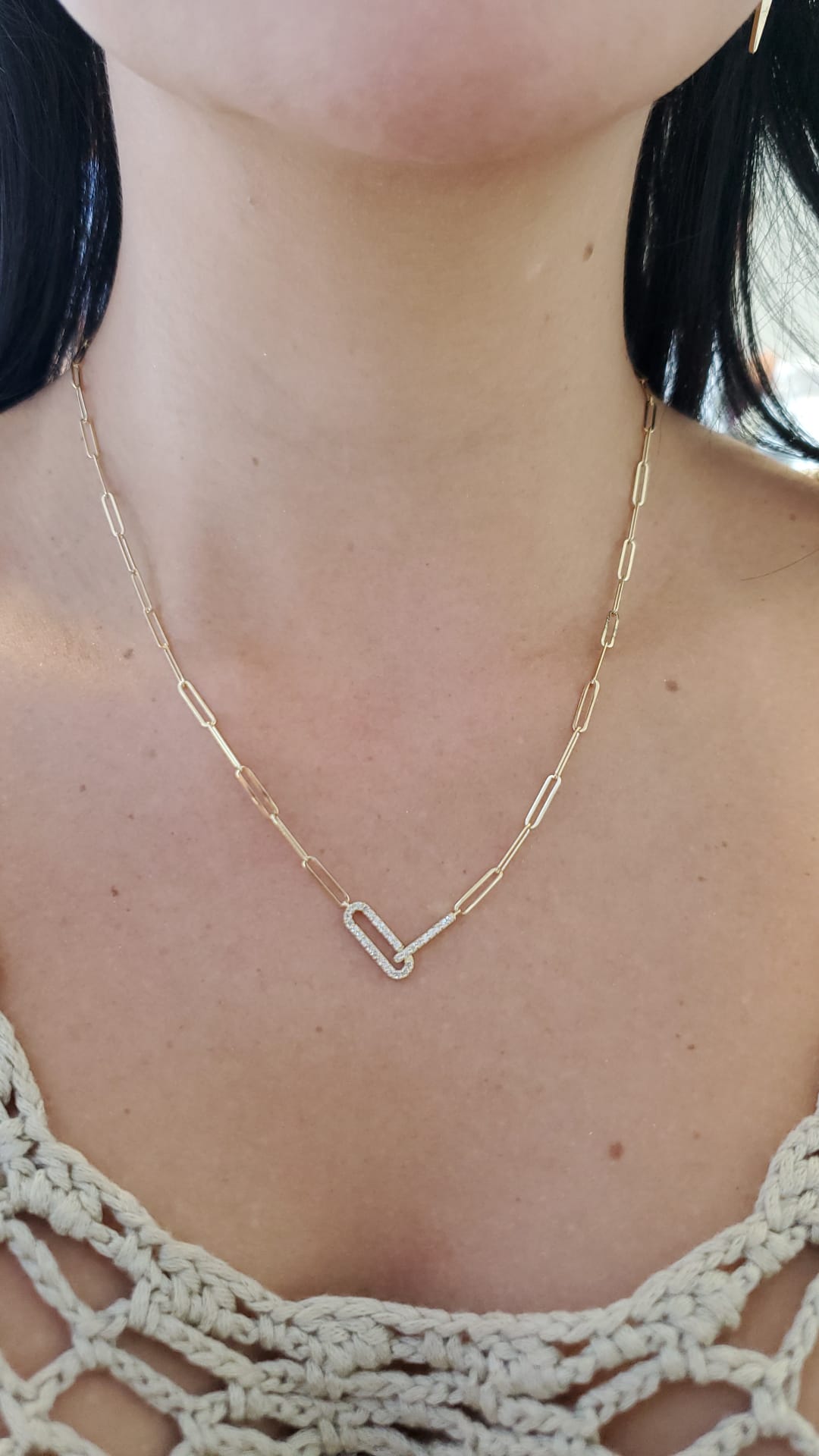 14K Gold Diamond V-Shape Paperclip Necklace