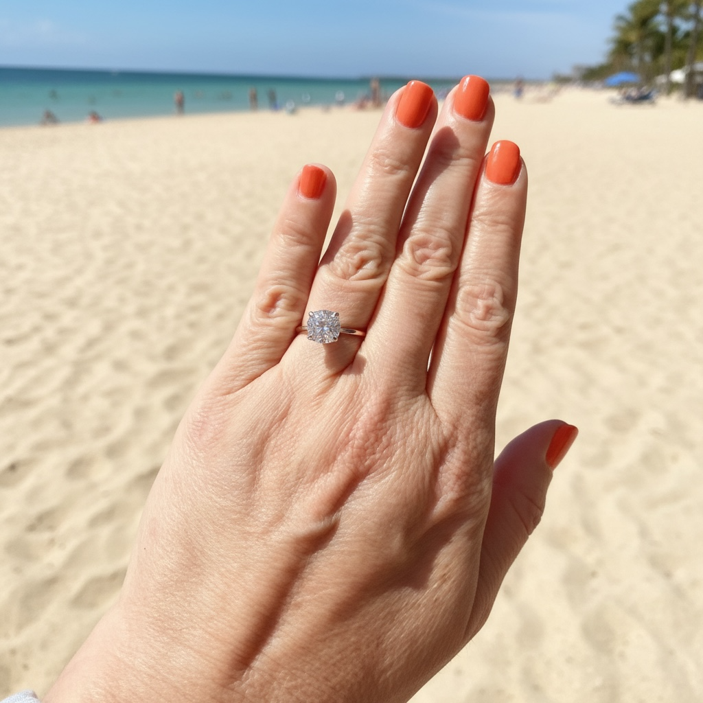 A close-up of a hand with orange nail polish wearing a diamond ring, set against a blurred beach background with sand, ocean, and distant people.