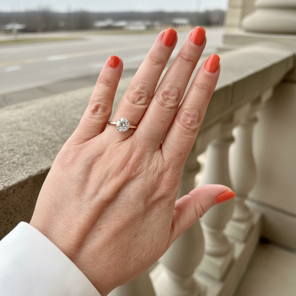 A close-up of a hand with coral nail polish wearing a engagement ring with a round diamond gemstone, set against an outdoor balcony railing background.