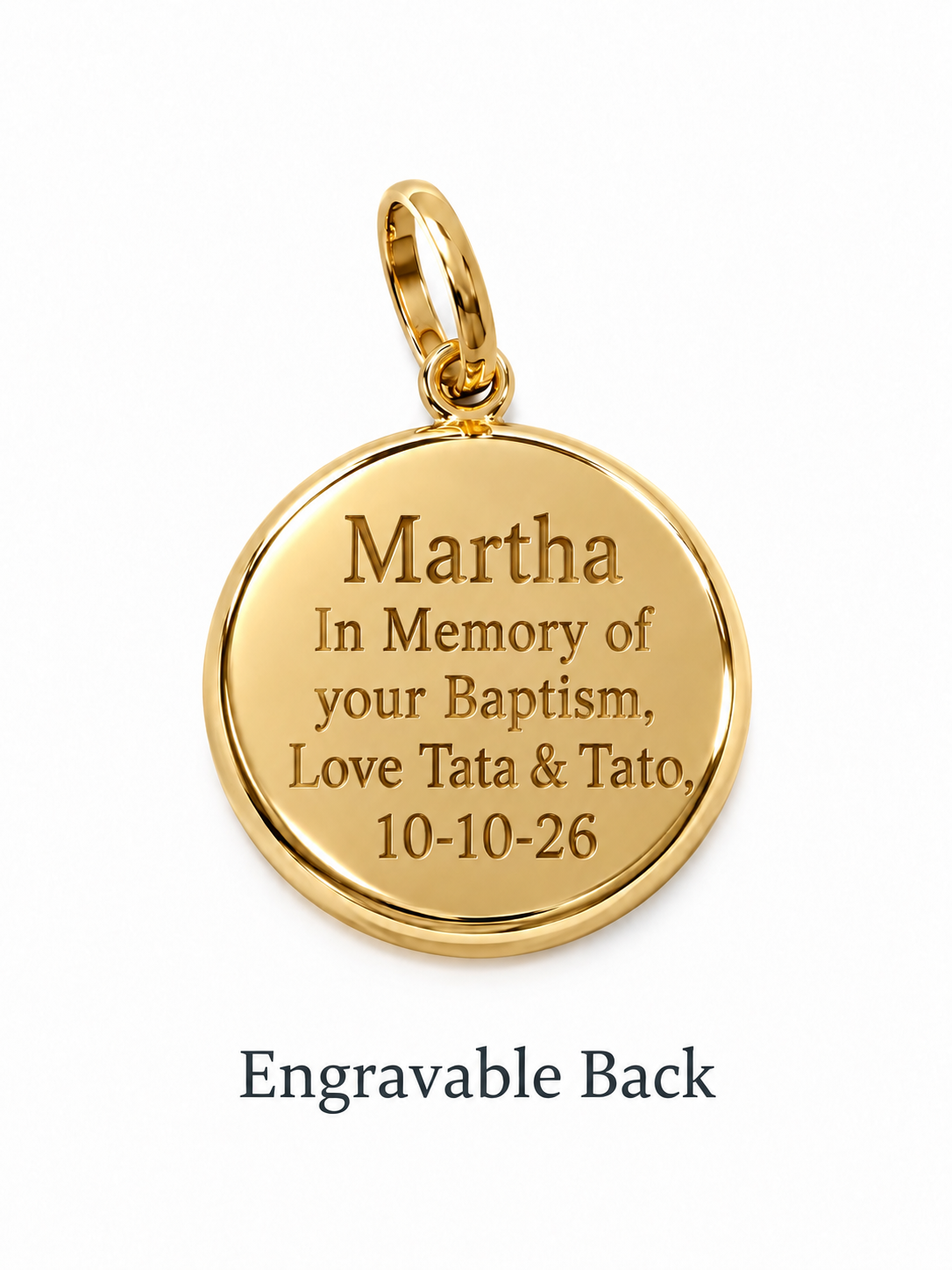 A gold round memorial pendant charm with an engraved name and date, shown on a white background with the text 'Engravable Back' below.