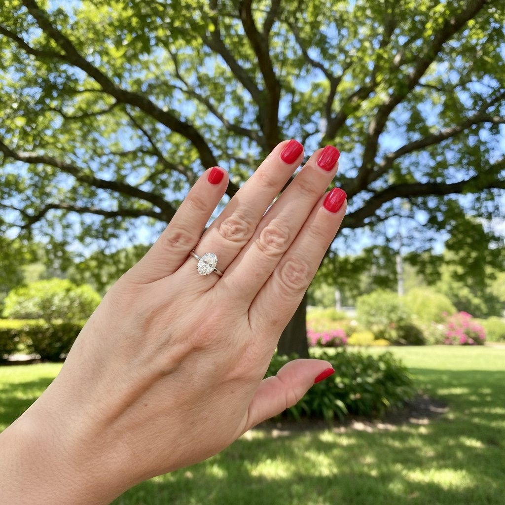 A hand with red nail polish wearing a white gold solitaire engagement ring with an oval cut diamond gemstone, photographed outdoors against a blurred green park background with trees and grass.