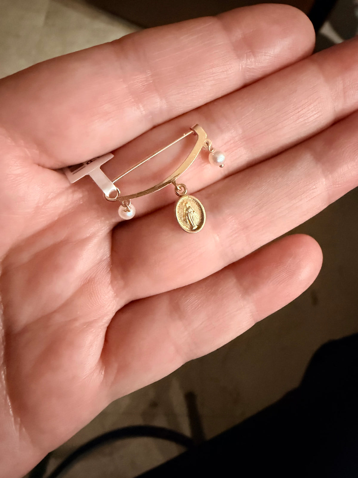14K Yellow Gold Miraculous Medal and Pearl Baby Pin