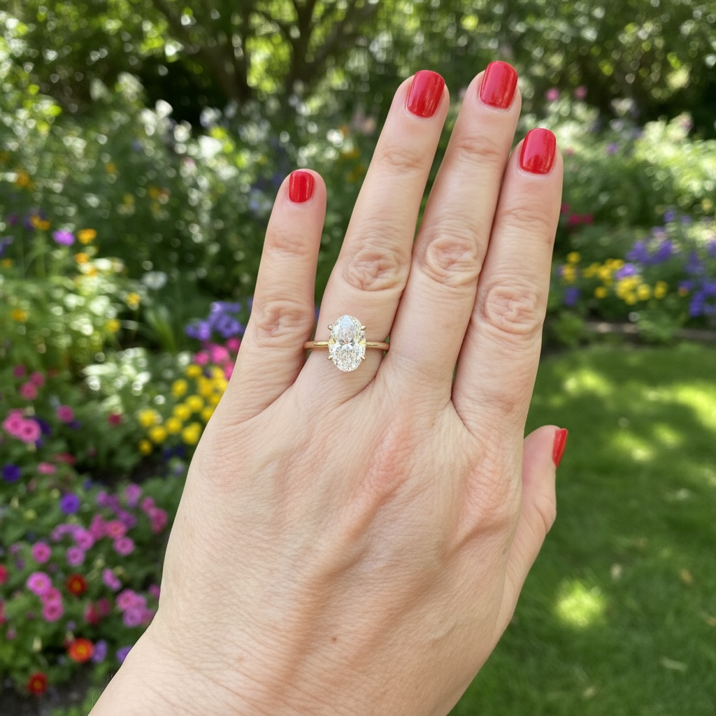 A hand with red nail polish wearing a yellow gold solitaire engagement ring with a large oval diamond gemstone, set against a blurred green garden background.