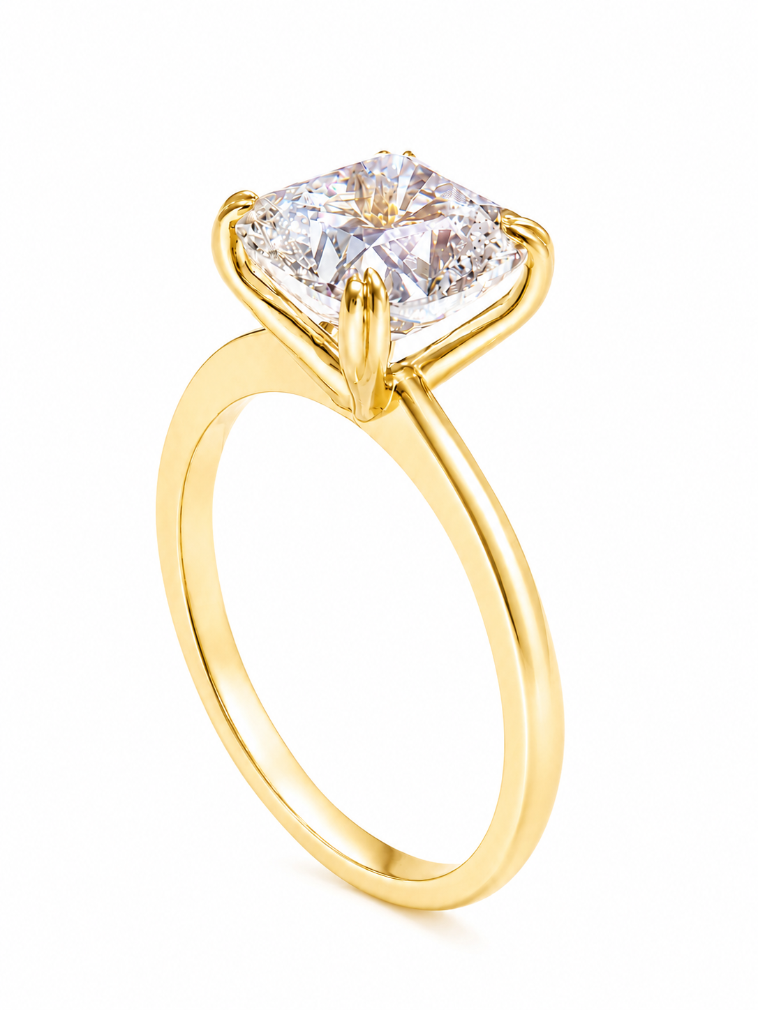 A yellow gold solitaire engagement ring featuring a large square cushion-cut diamond in a four-prong setting, shown on a clean white background.