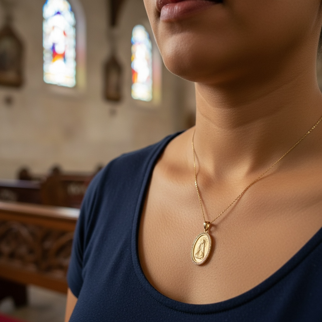 14K Yellow Gold Diamond Our Lady of Altagracia Medal Necklace