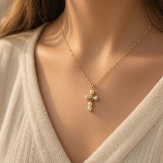 Miraculous Medal and Freshwater Pearl Cross Pendant