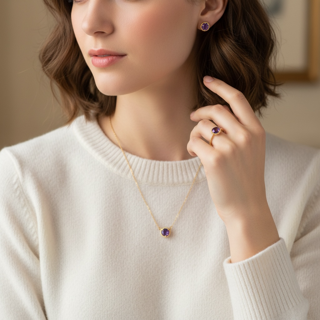 Woman wearing a gold necklace with a purple amethyst gemstone earrings and necklace and matching ring, against a neutral background.