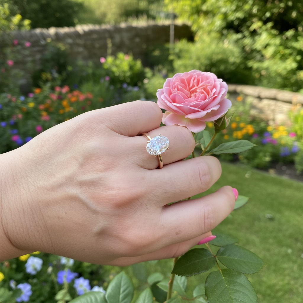A hand wearing a yellow gold solitaire engagement ring with an oval cut diamond gemstone, holding a pink rose in a lush green garden.