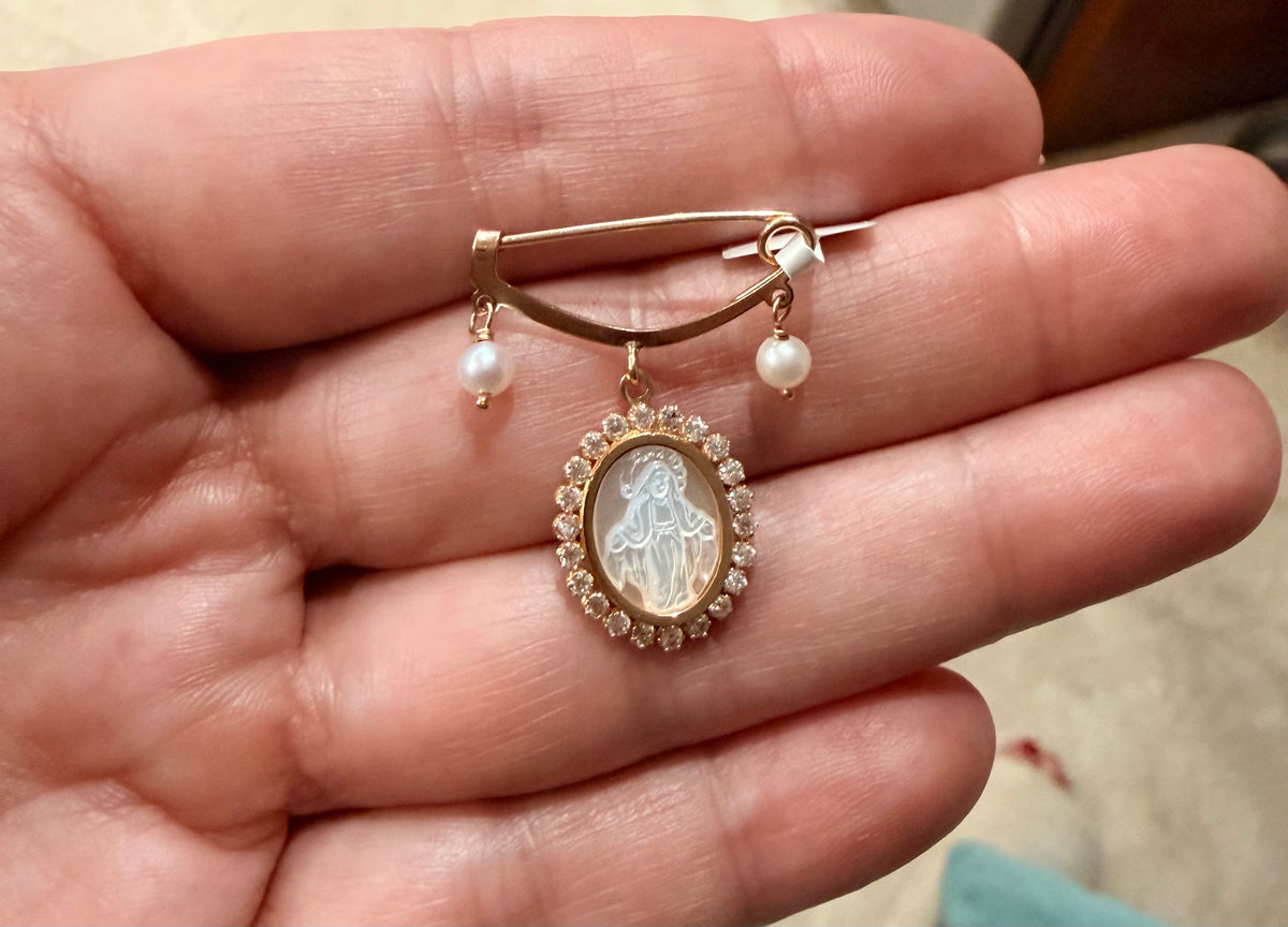 14K Yellow Gold Double Pearl CZ Mother of Pearl Miraculous Medal Dangle Baby Pin