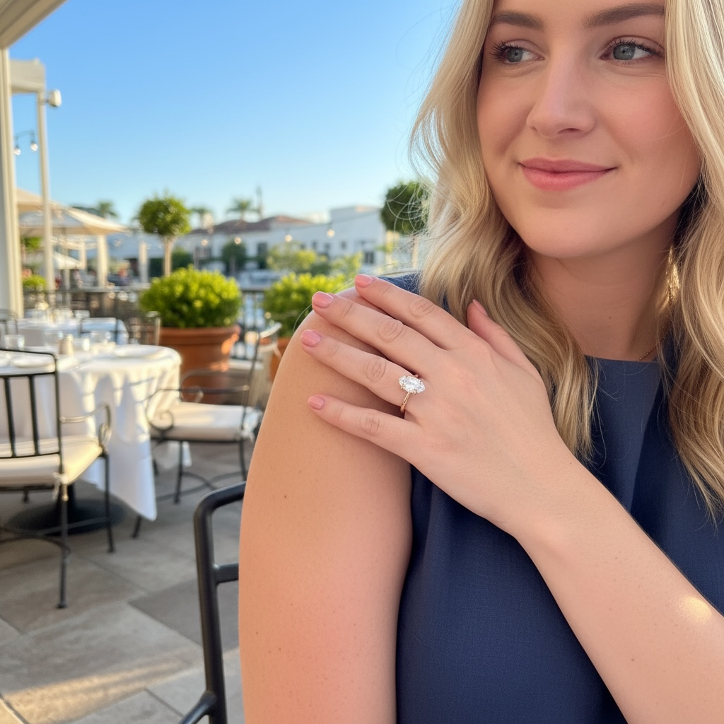 A woman wearing a diamond engagement ring with a yellow gold band, posing outdoors at a sunny patio. The ring features an oval brilliant-cut diamond set on a yellow gold band, shown on her finger.