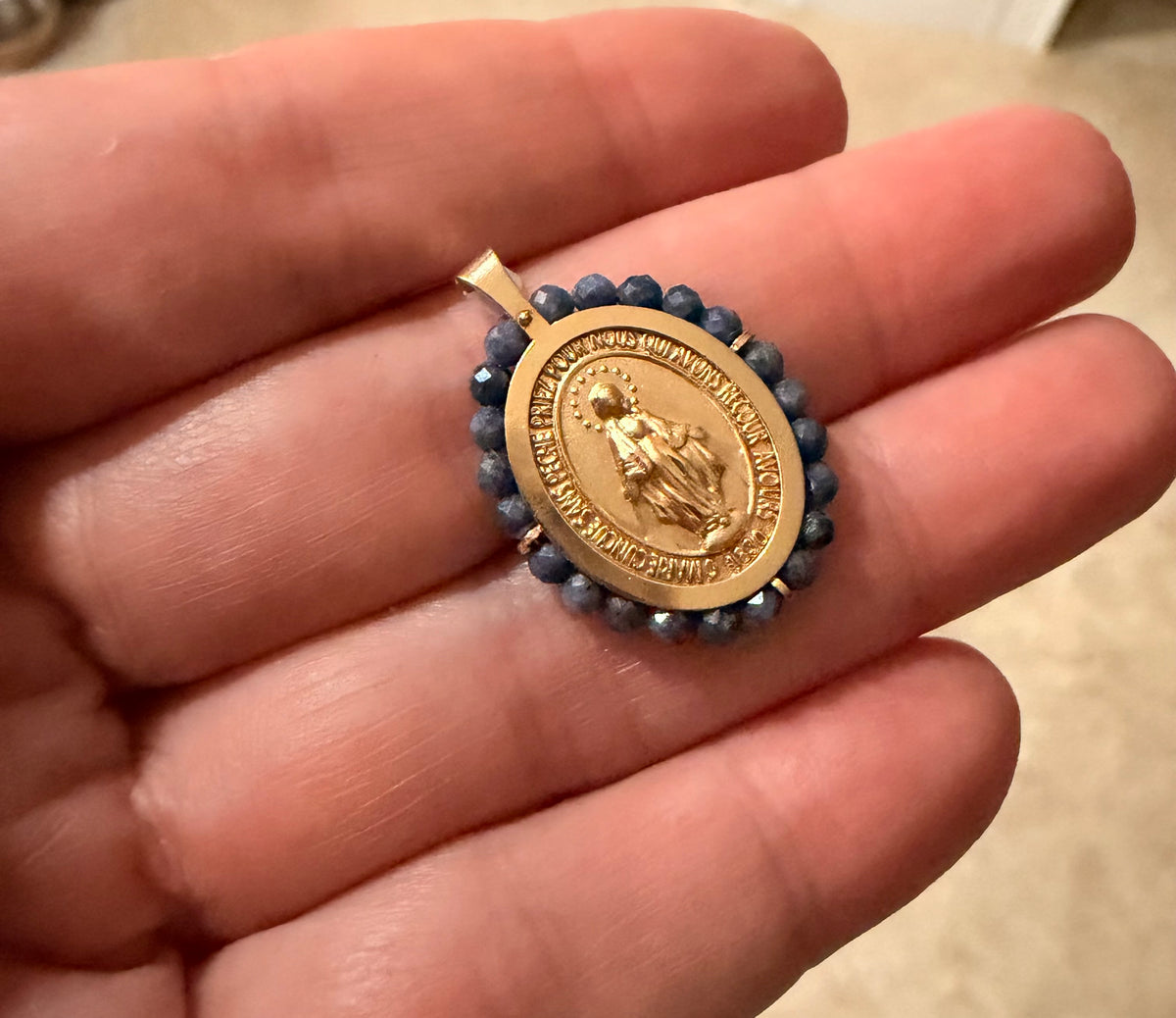 14K Gold Miraculous Medal with Natural Ruby or Sapphire Beads