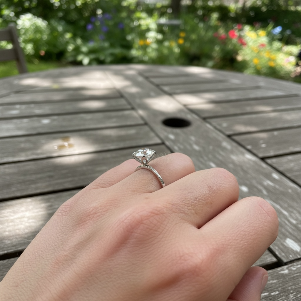 A close-up of a hand wearing a white gold solitaire engagement ring with a round diamond gemstone, resting on a weathered wooden table with a blurred garden background.