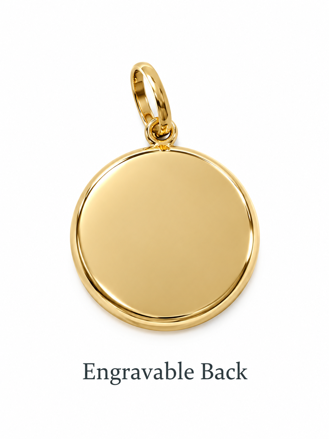 A polished yellow gold back view of round plate on the Sacred Heart of Jesus pendant charm with a top bail, shown on a white background with the text 'Engravable Back' underneath.