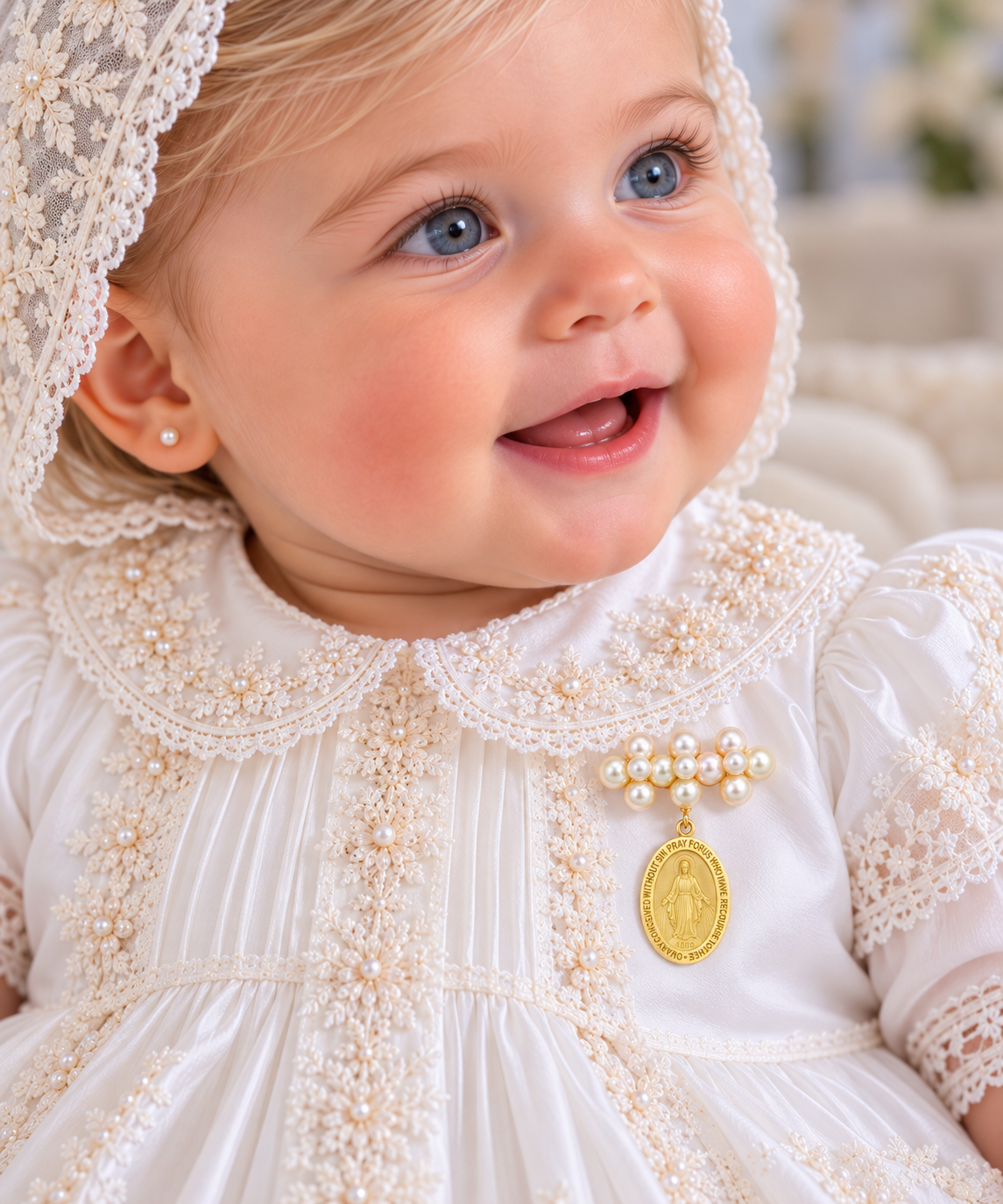 A close-up of a smiling baby wearing a white Baptism Gown dress with intricate lace, pearl bead embroidery, and a gold pearl Miraculous medal brooch, along with a matching lace bonnet.