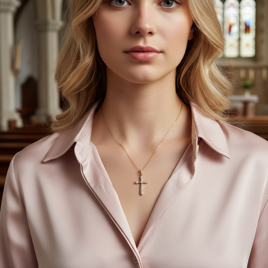 A close-up of a woman with blonde hair wearing a delicate gold cross pendant necklace with diamond stones, paired with a light pink satin button-up shirt. The background is a softly blurred church interior.